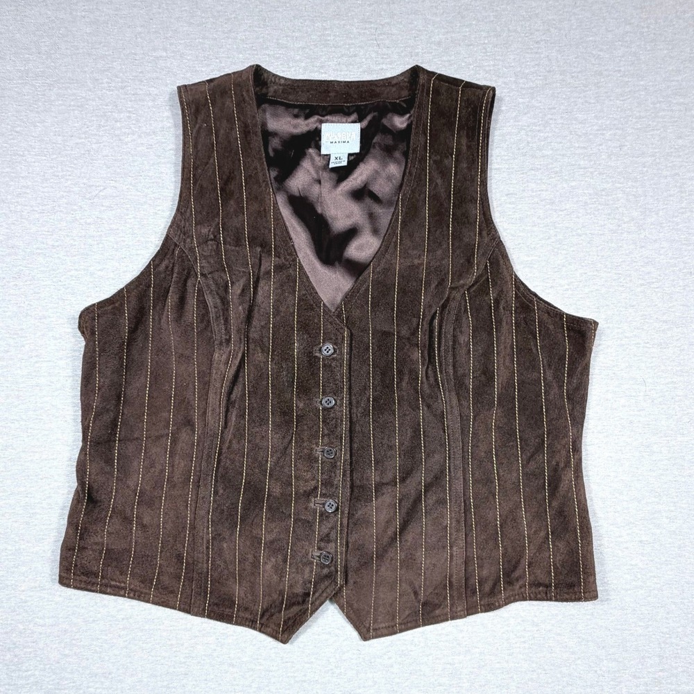 Wilsons Leather Maxima Brown Suede Pinstripe Stitch Vest XL Western Boho